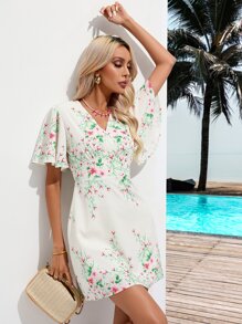 Aveloria 印花蝴蝶袖連衣裙 - 白色 - 查看 4