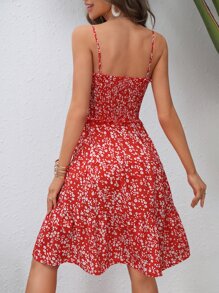 SHEIN VCAY 碎花抽褶細節褶邊吊帶連衣裙 - 紅色 - 查看 2