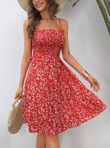 SHEIN VCAY 碎花抽褶細節褶邊吊帶連衣裙 - 紅色 - 查看 4