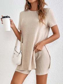 SHEIN Frenchy Solid Ribbed Knit Tee & Cycling Shorts - Apricot - View 3
