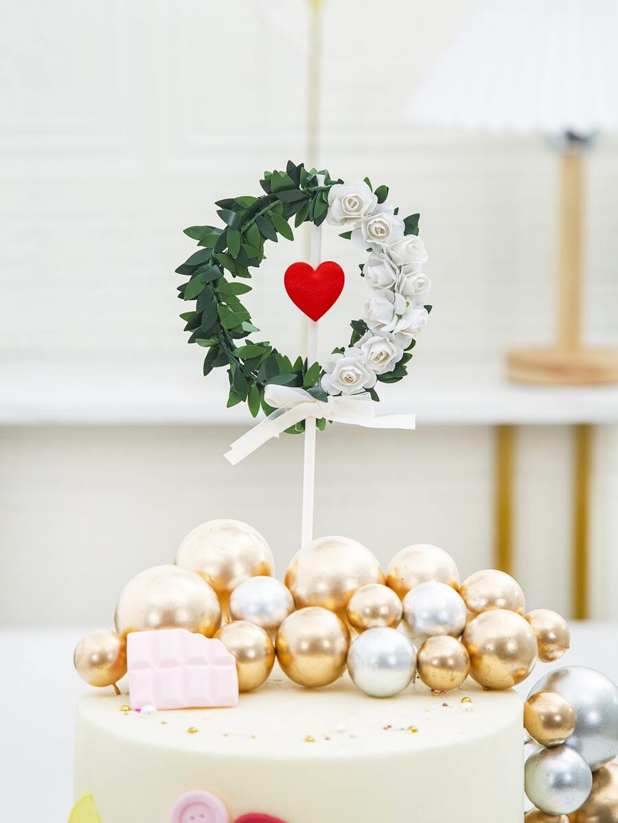 2pcs Valentine's Day Leaf & Flower Decor Cake Topper - Multicolor - View 1
