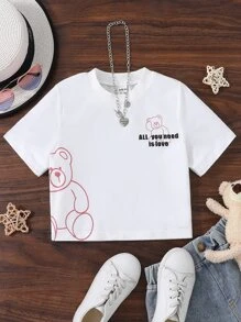 SHEIN Tops con gái Hoạt hình Slogan Giải trí - trắng - Xem 1