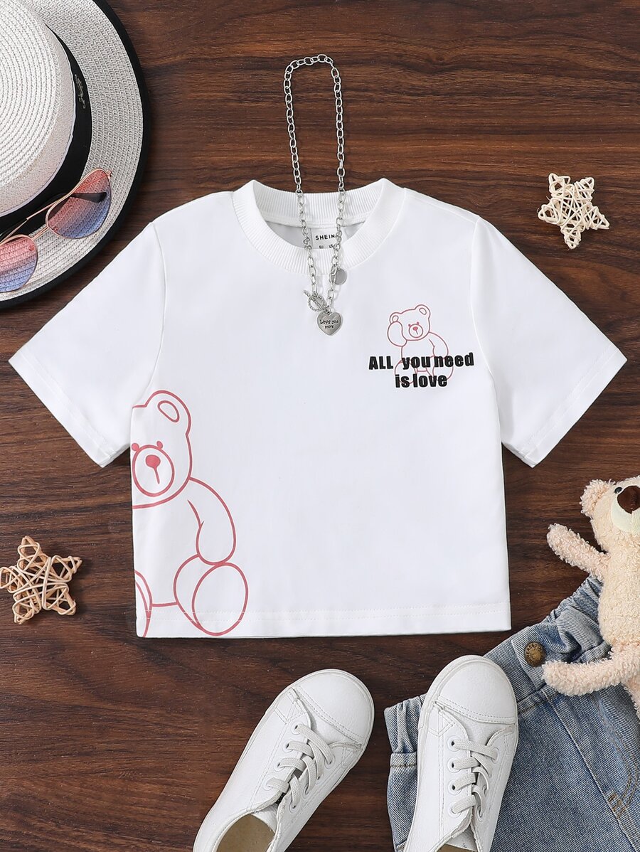 SHEIN Tops con gái Hoạt hình Slogan Giải trí - trắng - Xem 1
