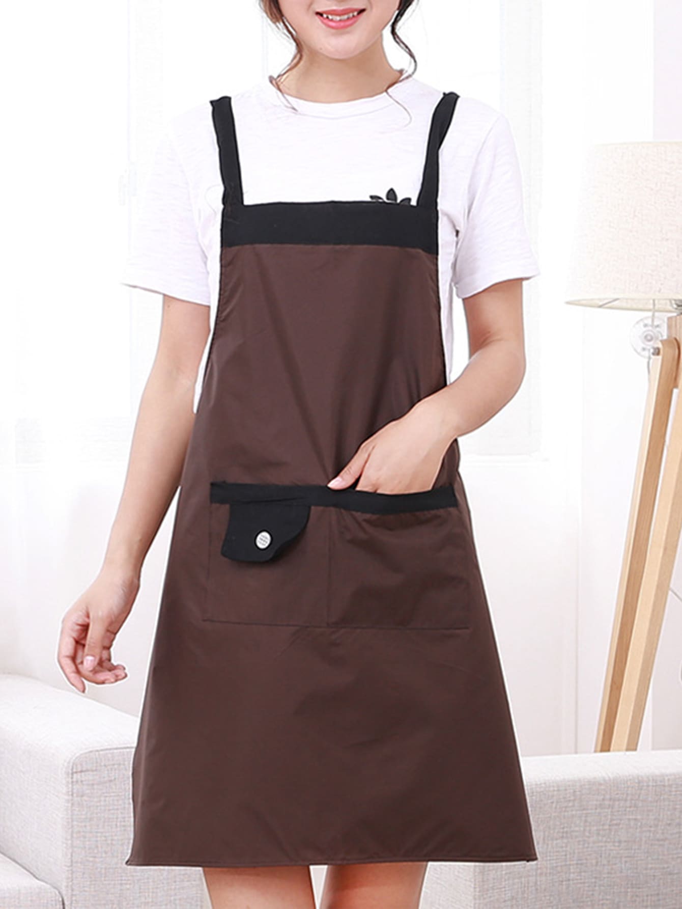 1pc Button Decor Waterproof Apron - Coffee Brown - View 1