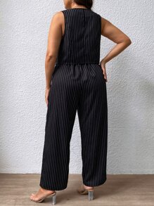 SHEIN Essnce Plus Vertical Striped Vest Blazer & Trousers - Black and White - View 2