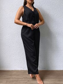 SHEIN Essnce Plus Vertical Striped Vest Blazer & Trousers - Black and White - View 4