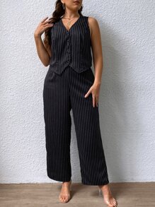 SHEIN Essnce Plus Vertical Striped Vest Blazer & Trousers - Black and White - View 6
