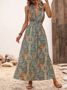SHEIN VCAY Paisley Print Halter Neck Backless Dress