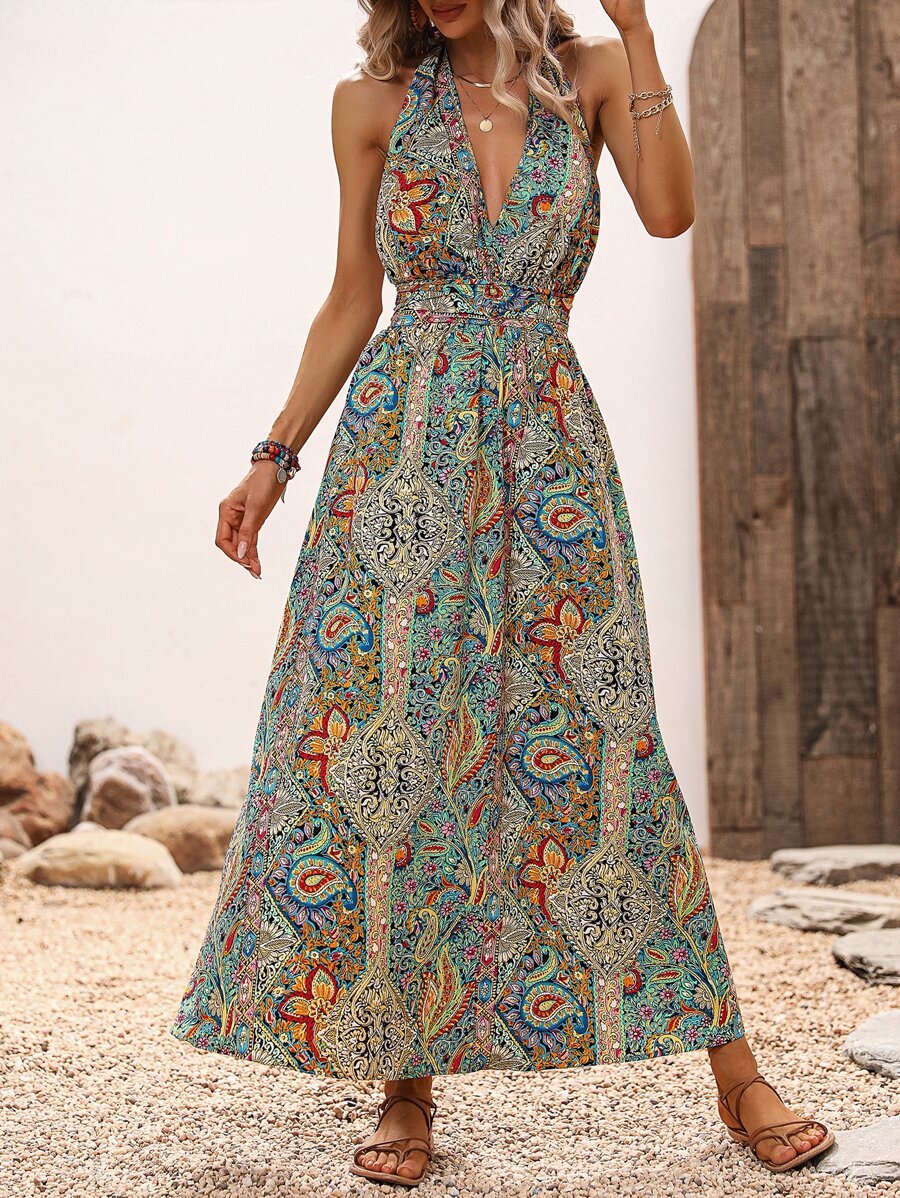 SHEIN VCAY Paisley Print Halter Neck Backless Dress