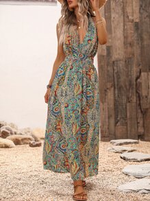 SHEIN VCAY Paisley Print Halter Neck Backless Dress