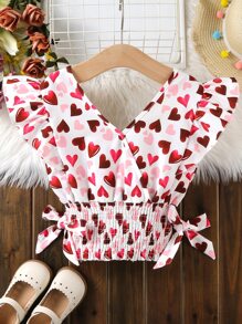 Girls Heart Print Ruffle Trim Shirred Waist Blouse - Multicolor - View 1