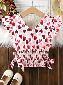 Girls Heart Print Ruffle Trim Shirred Waist Blouse - Multicolor - View 2