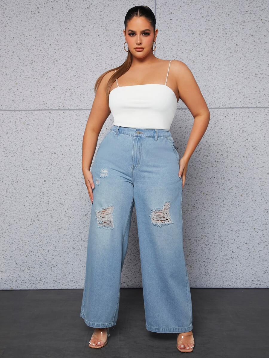 SHEIN SXY Jeans desgarro de pierna ancha - Lavado ligero - Ver 1