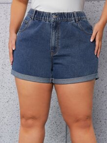 SHEIN SXY 大碼卷邊牛仔短褲 - 深色水洗藍 - 查看 1