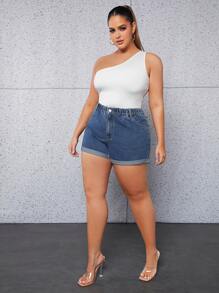 SHEIN SXY 大碼卷邊牛仔短褲 - 深色水洗藍 - 查看 5