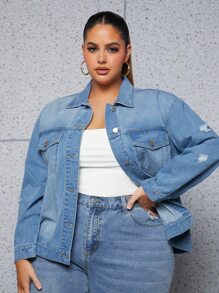SHEIN SXY Plus Drop Shoulder Flap Pocket Ripped Denim Jacket - Medium Wash - View 3