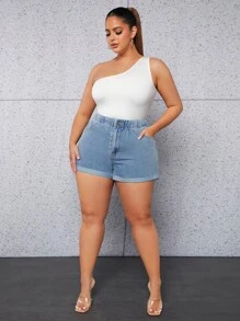 SHEIN Essnce Plus Roll Up Hem Denim Shorts - Light Wash - View 4