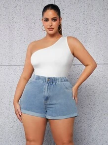 SHEIN Essnce Plus Roll Up Hem Denim Shorts - Light Wash - View 3