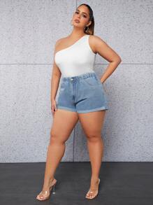 SHEIN Essnce Plus Roll Up Hem Denim Shorts - Light Wash - View 5