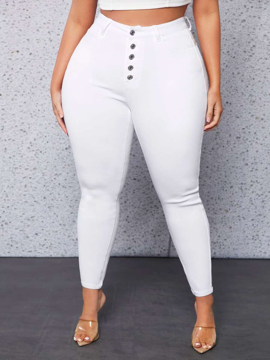SHEIN SXY Plus Button Fly Skinny Pants - White - View 1