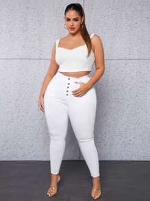 SHEIN SXY Plus Button Fly Skinny Pants - White - View 3