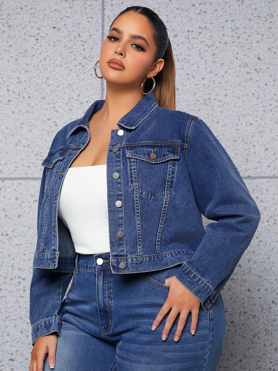 SHEIN SXY 大碼翻蓋口袋牛仔夾克 - 中等水洗藍 - 查看 1