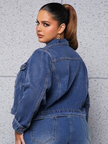 SHEIN SXY 大碼翻蓋口袋牛仔夾克 - 中等水洗藍 - 查看 2