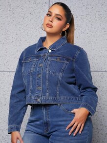 SHEIN SXY 大碼翻蓋口袋牛仔夾克 - 中等水洗藍 - 查看 5