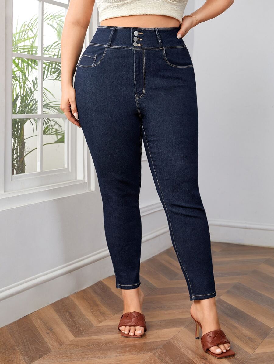 Plus High Waist Top-stitching Skinny Jeans - Dark Wash - View 1
