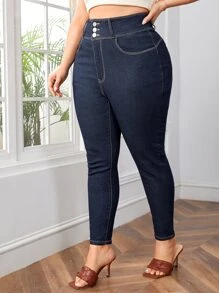 Plus High Waist Top-stitching Skinny Jeans - Dark Wash - View 3