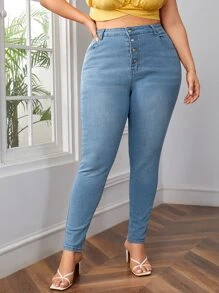 Plus High Waist Button Fly Skinny Jeans - Light Wash - View 1