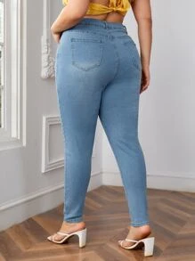 Plus High Waist Button Fly Skinny Jeans - Light Wash - View 2