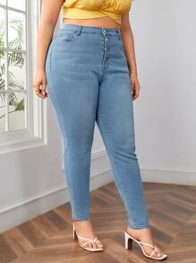 Plus High Waist Button Fly Skinny Jeans - Light Wash - View 3