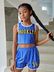 SHEIN Trang phục hai mảnh cổ tròn in chữ màu xanh của cô gái Tween cho mùa hè - Màu xanh lam - Xem 3