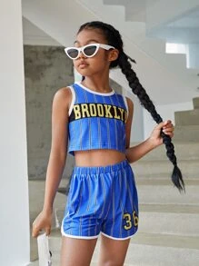 SHEIN Trang phục hai mảnh cổ tròn in chữ màu xanh của cô gái Tween cho mùa hè - Màu xanh lam - Xem 5
