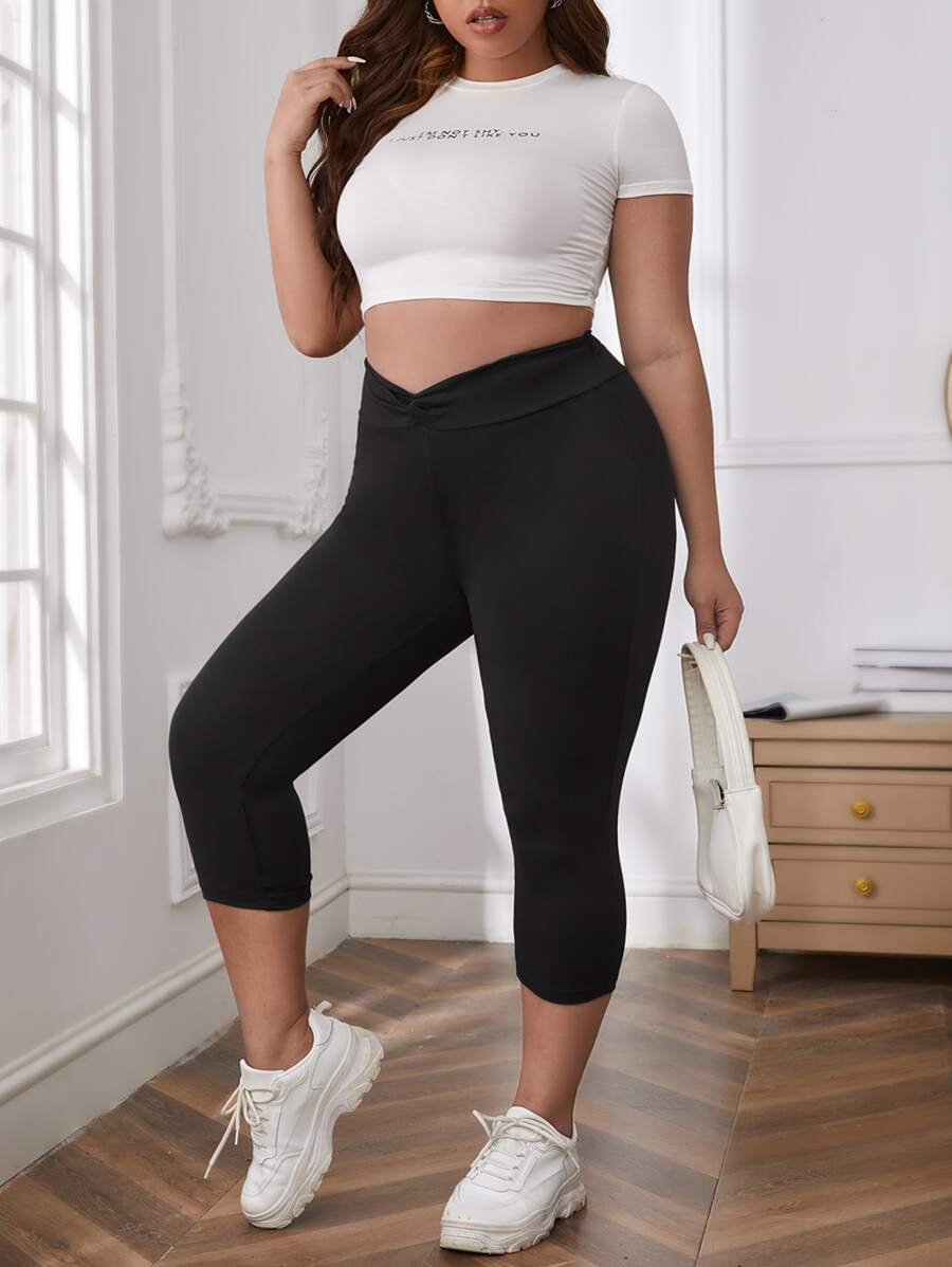 SHEIN Unity Plus Solid Overlap Waist Leggings - Black - View 1