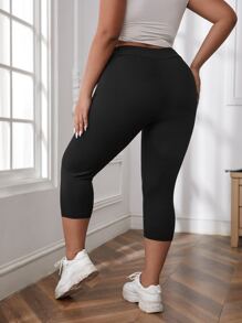 SHEIN Unity Plus Solid Overlap Waist Leggings - Black - View 2