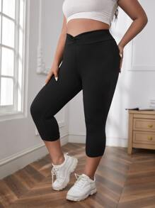 SHEIN Unity Plus Solid Overlap Waist Leggings - Black - View 3