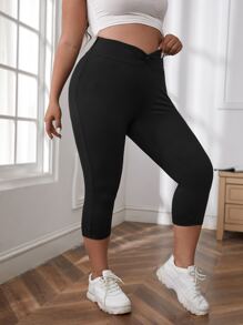 SHEIN Unity Plus Solid Overlap Waist Leggings - Black - View 4