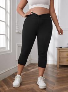 SHEIN Unity Plus Solid Overlap Waist Leggings - Black - View 5