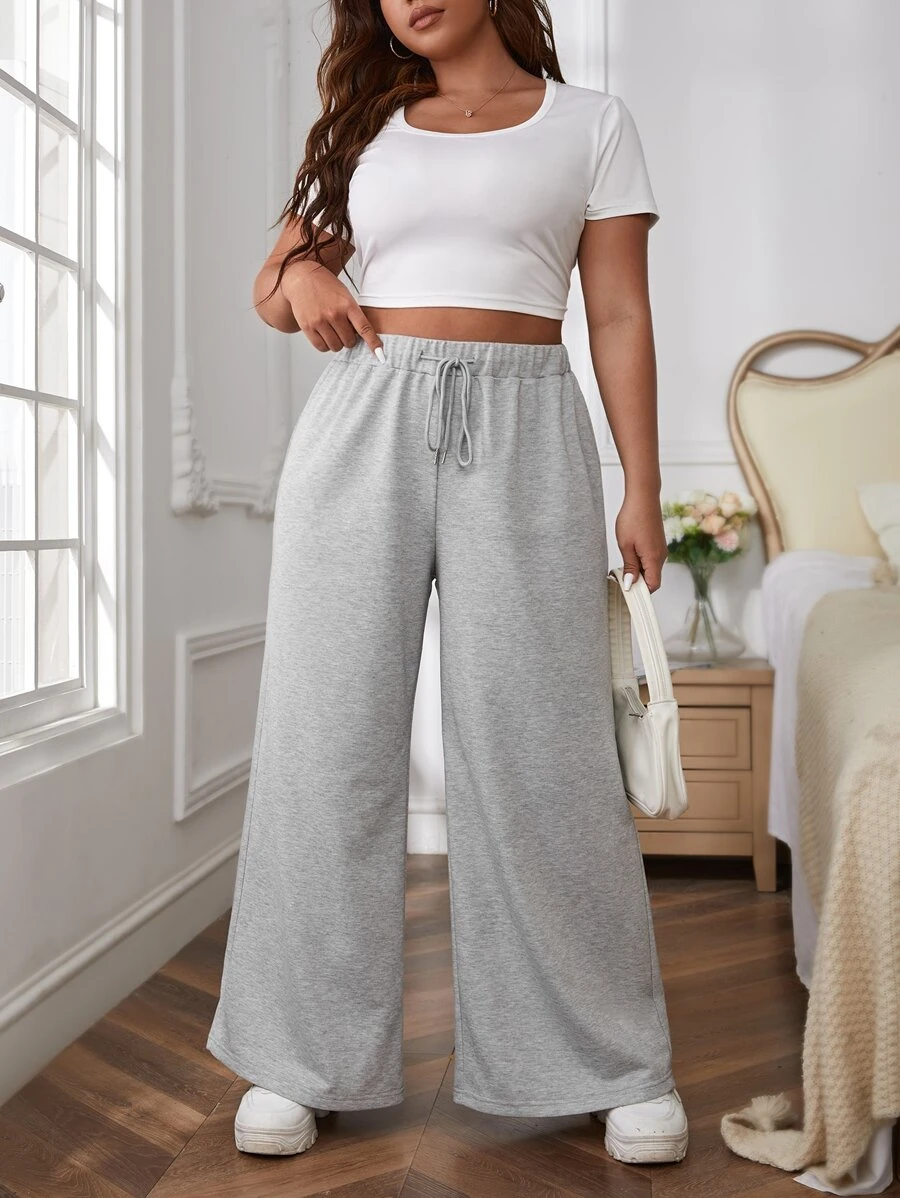 SHEIN EZwear Plus Drawstring Waist Wide Leg Joggers - Light Grey - View 1