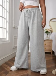 SHEIN EZwear Plus Drawstring Waist Wide Leg Joggers - Light Grey - View 4