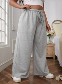 SHEIN EZwear Plus Drawstring Waist Wide Leg Joggers - Light Grey - View 5
