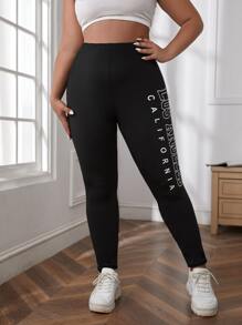 SHEIN EZwear Plus Letter Graphic Leggings - Black - View 4