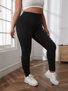 SHEIN EZwear Plus Letter Graphic Leggings - Black - View 5