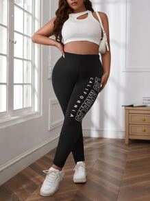 SHEIN EZwear Plus Letter Graphic Leggings - Black - View 6