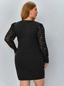 SHEIN Privé Vestido ajustado en contraste geométrico de malla de manga farol - Negro - Ver 2