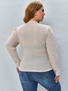 SHEIN Privé 大碼華夫格編織小高領泡泡袖T恤 - 杏色 - 查看 2