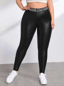 SHEIN Essnce 大碼字母圖案PU皮打底褲