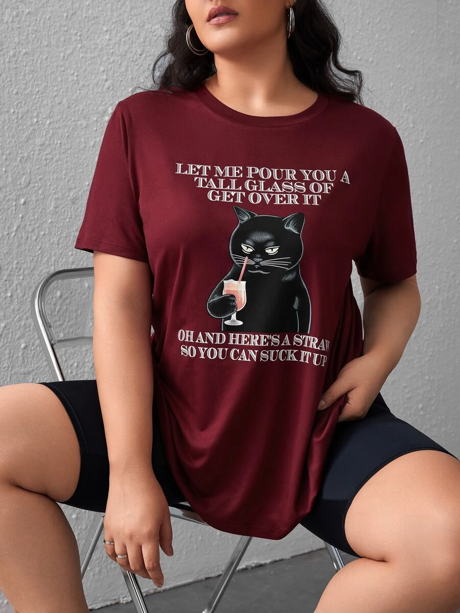 SHEIN Essnce Plus Slogan & Cat Print Tee - Maroon - View 1